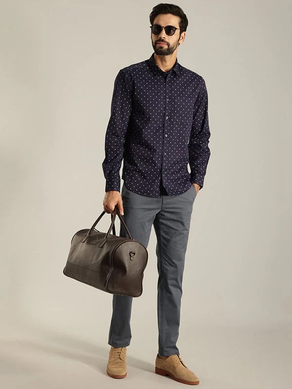 Indian Terrain Men's Slim Fit Full Sleeve All Over Print Navy Shirt